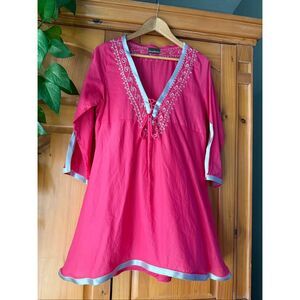 Tommy Bahama Pink Embroidered Cotton Tunic Cover-Up Top Silver Trim Size M